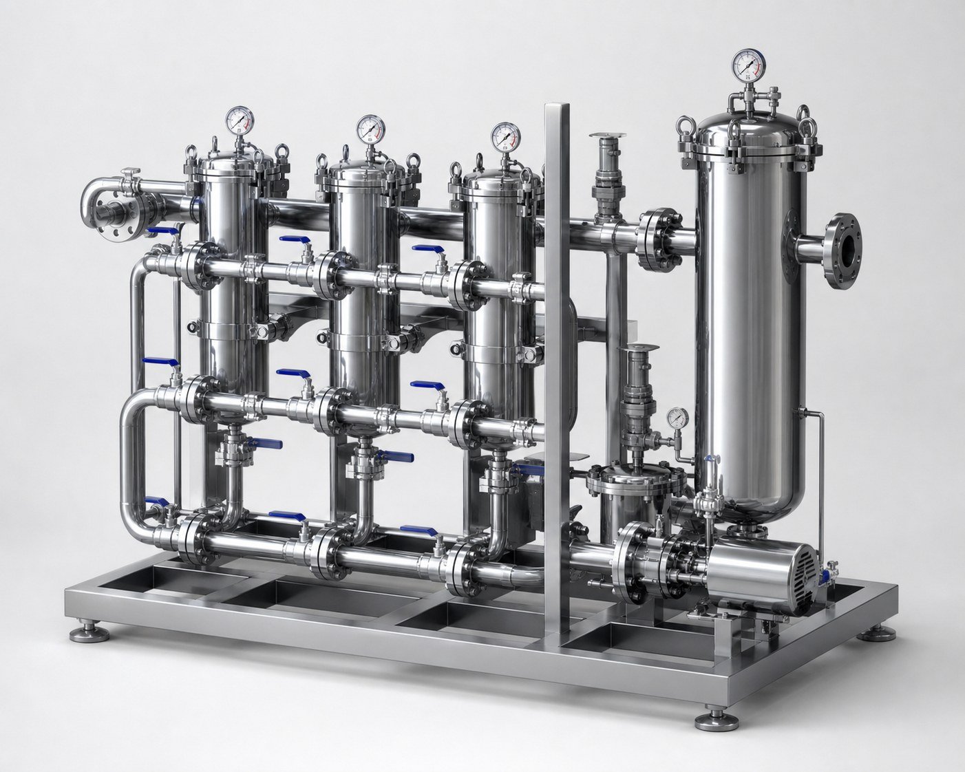 ASTERFIL skid mounted multi stage stainless steel liquid filtration system